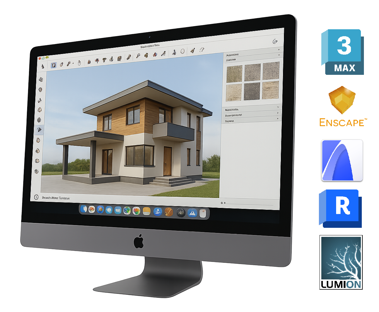 Architectural house model displayed in 3D rendering software on an Apple workstation