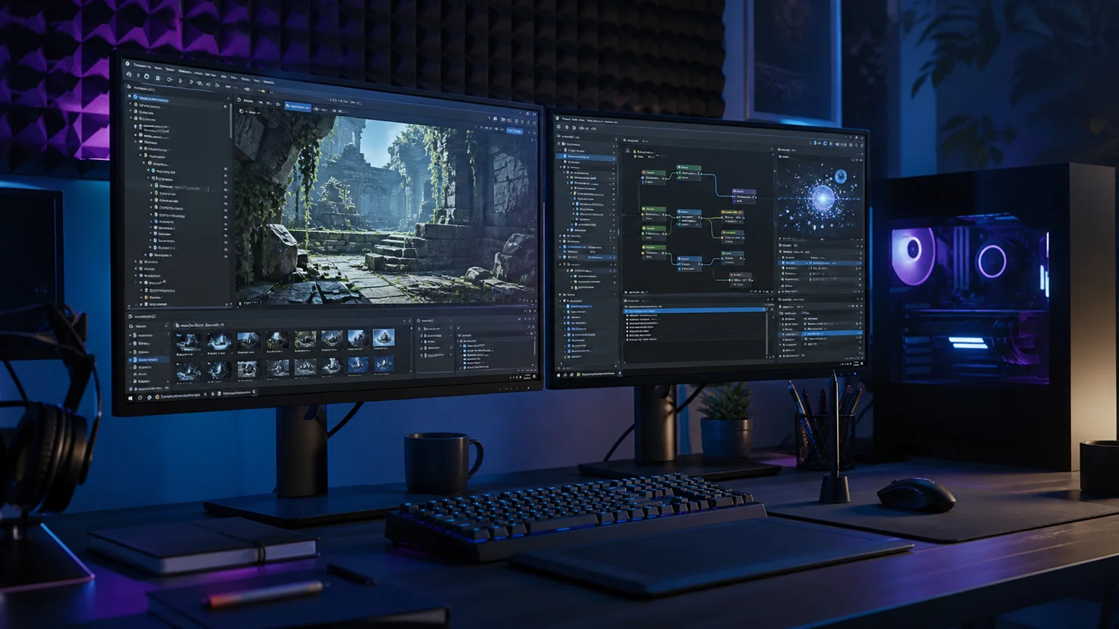 Professional game development workstation showing a 3D engine viewport and node-based tools