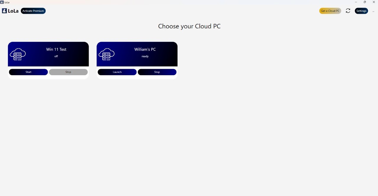 LoLa application showing available Cloud PCs ready to launch