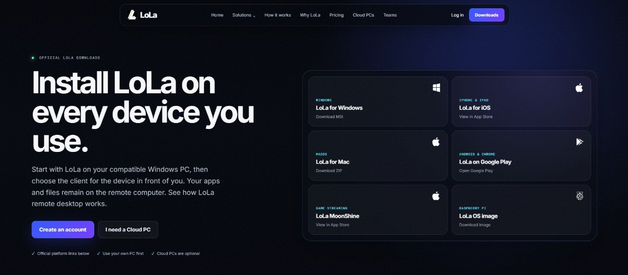 LoLa downloads page with installers for Windows, Mac, iOS, Android, Chrome and Raspberry Pi