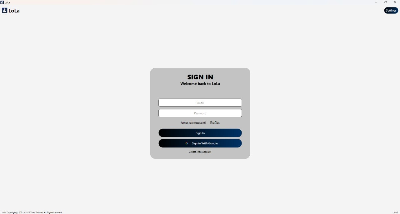 LoLa desktop application sign-in screen