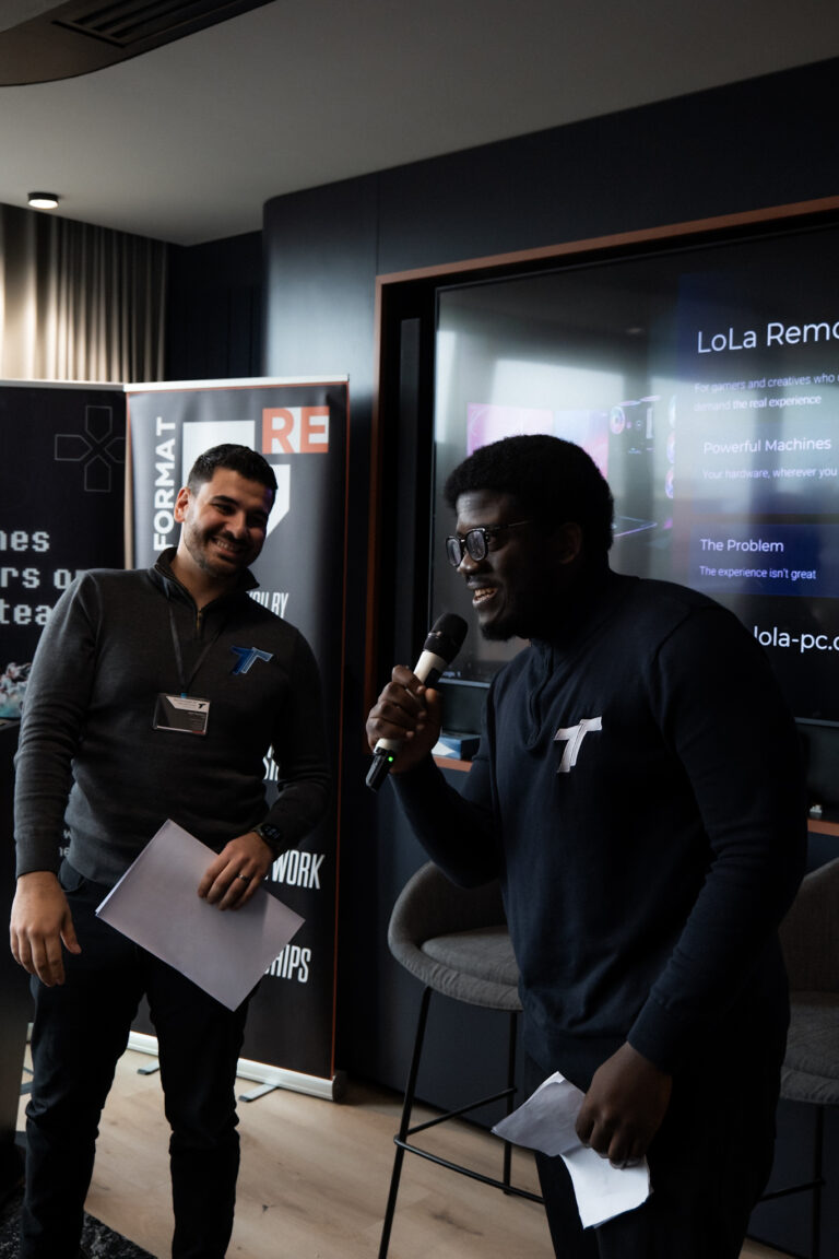 Oluwagbenga Obasa, CTO of Theo Technologies, presenting LoLa remote multimedia streaming technology at the RE:FORMAT Games + Tech Industry Summit Manchester 2026.
